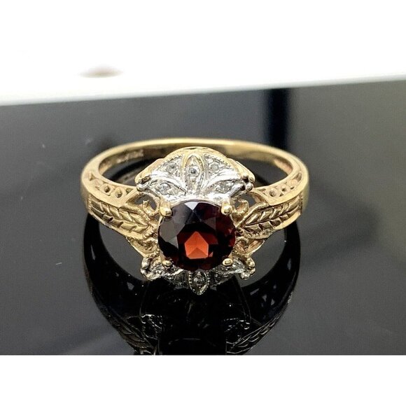 Red Gemstone Diamond Cocktail Ring 10k Yellow Gold Women's Estate Size 9 - Picture 1 of 15
